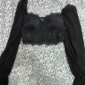 Black Lace Crop Top with Long Sleeves
